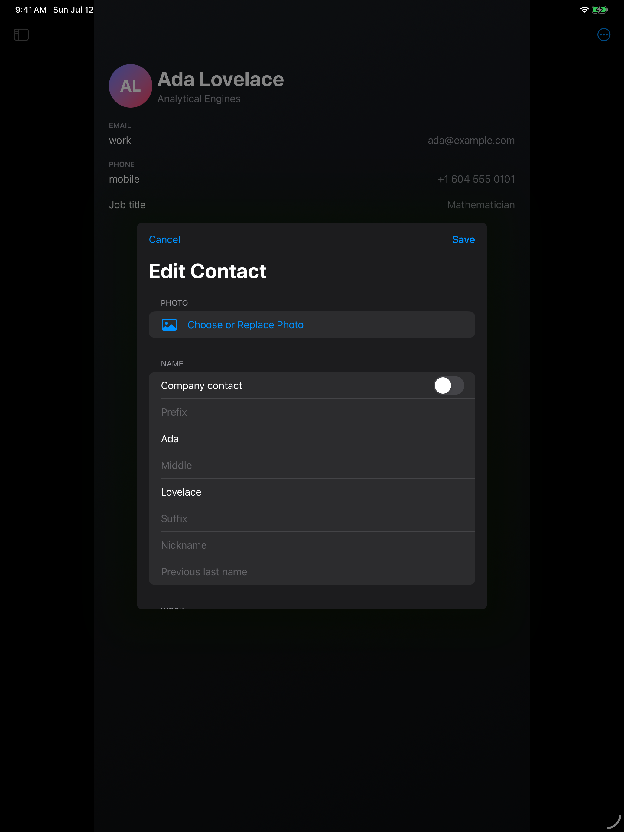 Full contact editing in Super Simple Contacts on iPad