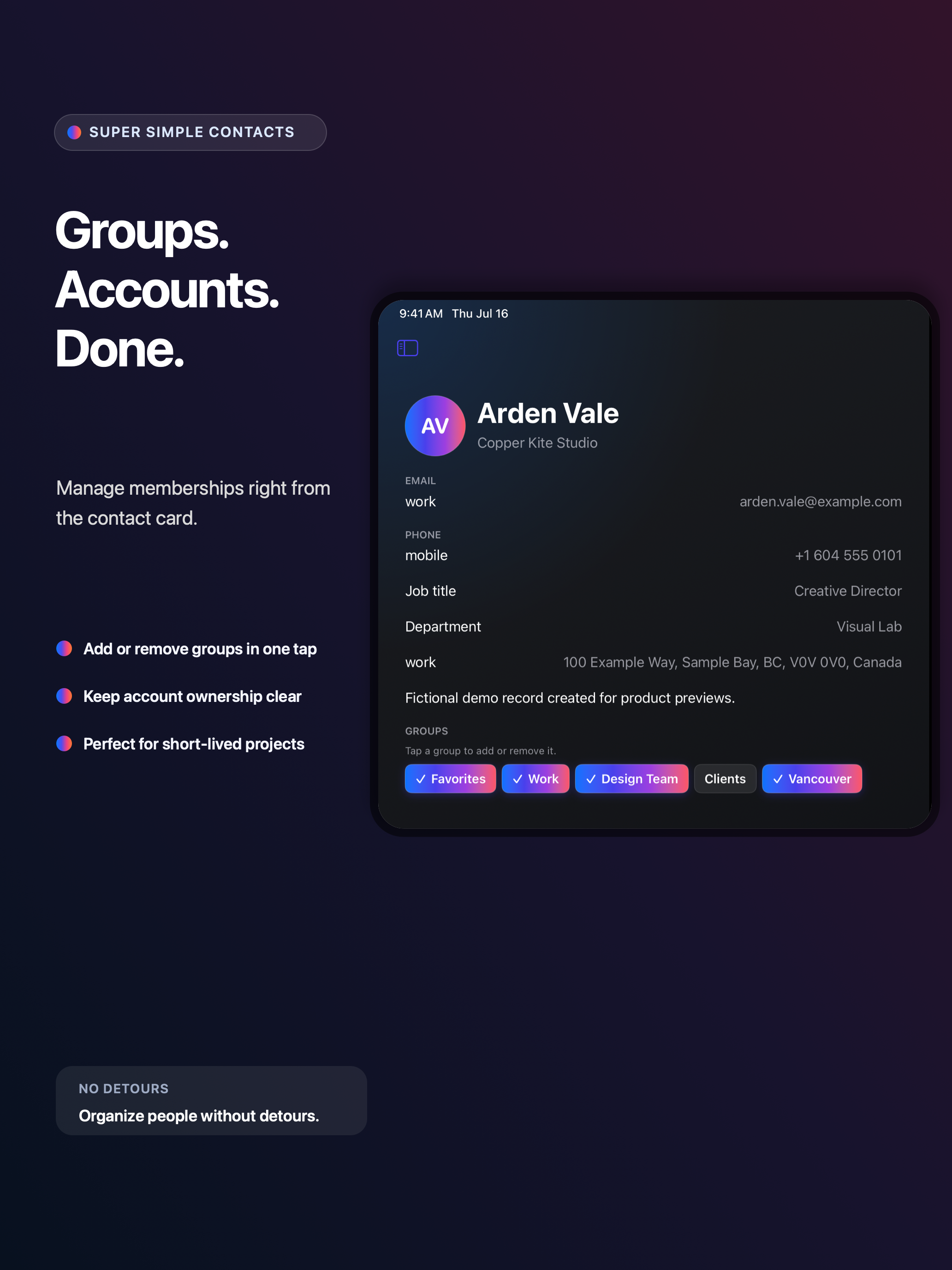 Group and account management from a contact card in People by Super Simple™ on iPad