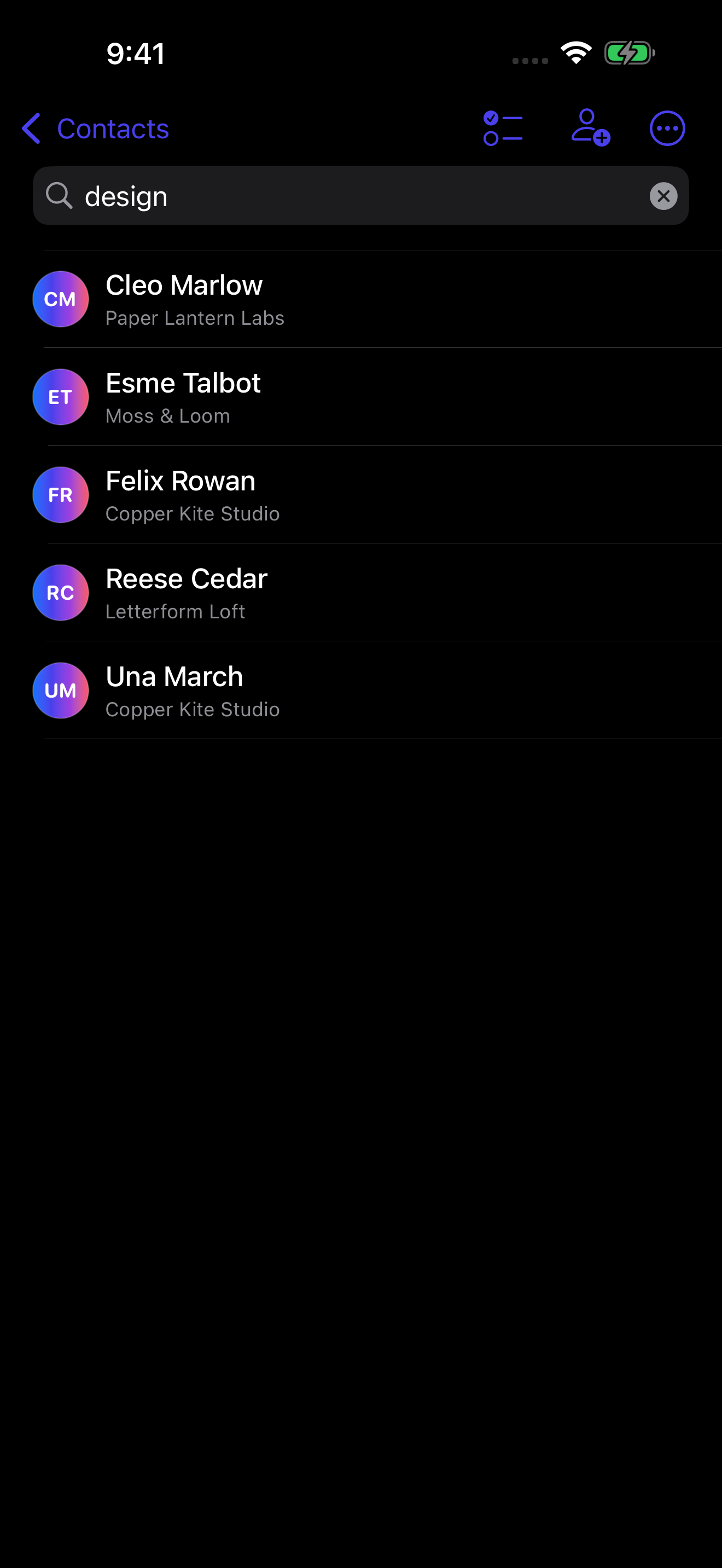 Instant contact search in People by Super Simple™ on iPhone