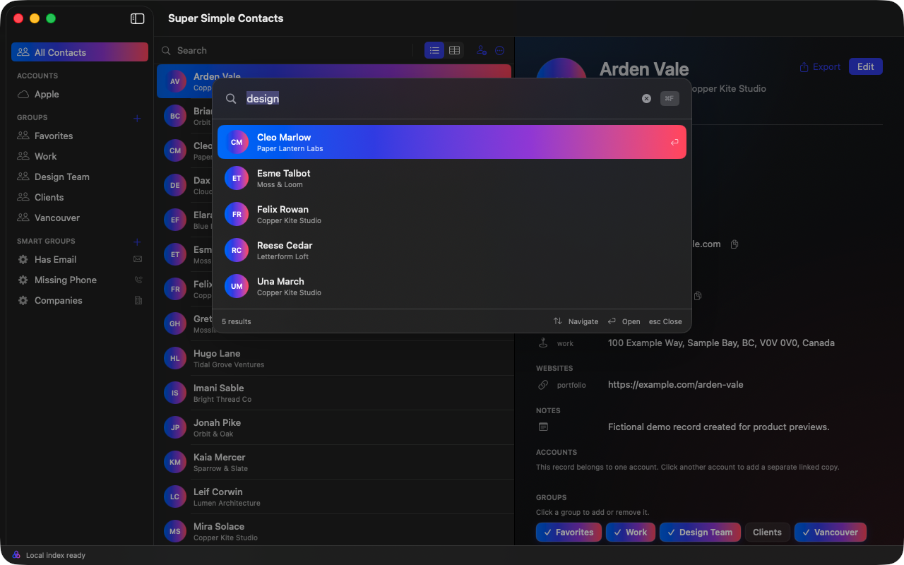 Auto-populated command bar search in People by Super Simple™ on Mac
